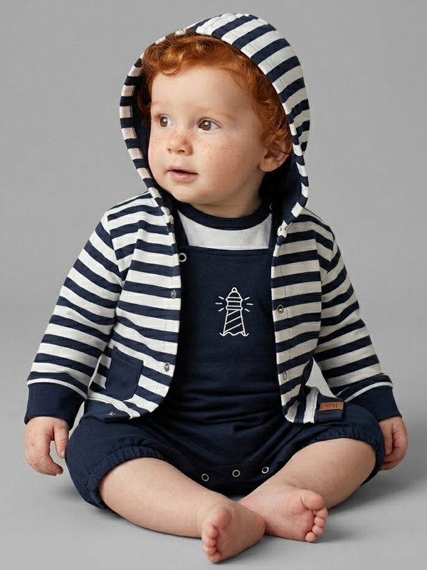 23bb-675 Conjunto Bebe Marinero Peto con Camiseta y Chaqueta de Rayas Mod. Faro - Imagen 1