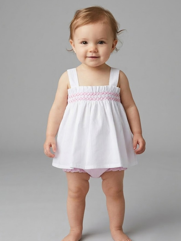 24CB-983 Jesusito Bebe Blusa de Tirantes con Punto Smock y Braguita de Rayas Mod. Ariazna - Imagen 1