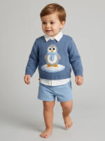 Conjunto Bebe Jersey Punto, Camisa y Pantalón Corto Mod. Pingüino