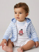 Conjunto Bebe Chaqueta y Camiseta a Rayas con Peto Mod. Carabela